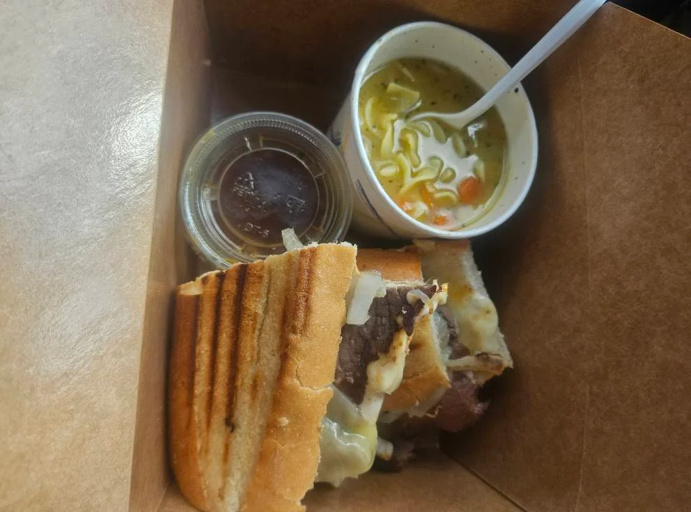 Classic American roast beef sandwich with soup