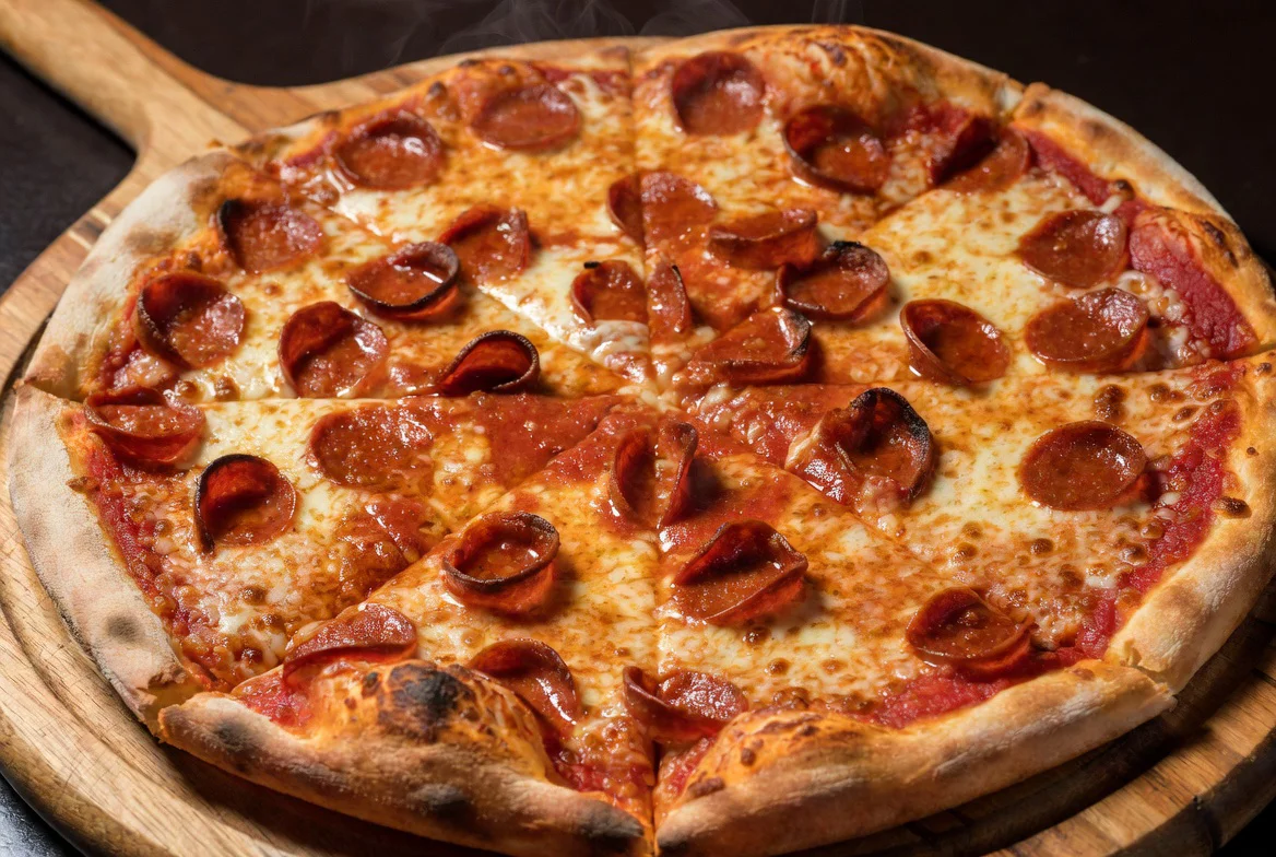 Delicious pepperoni pizza on a wooden serving board.