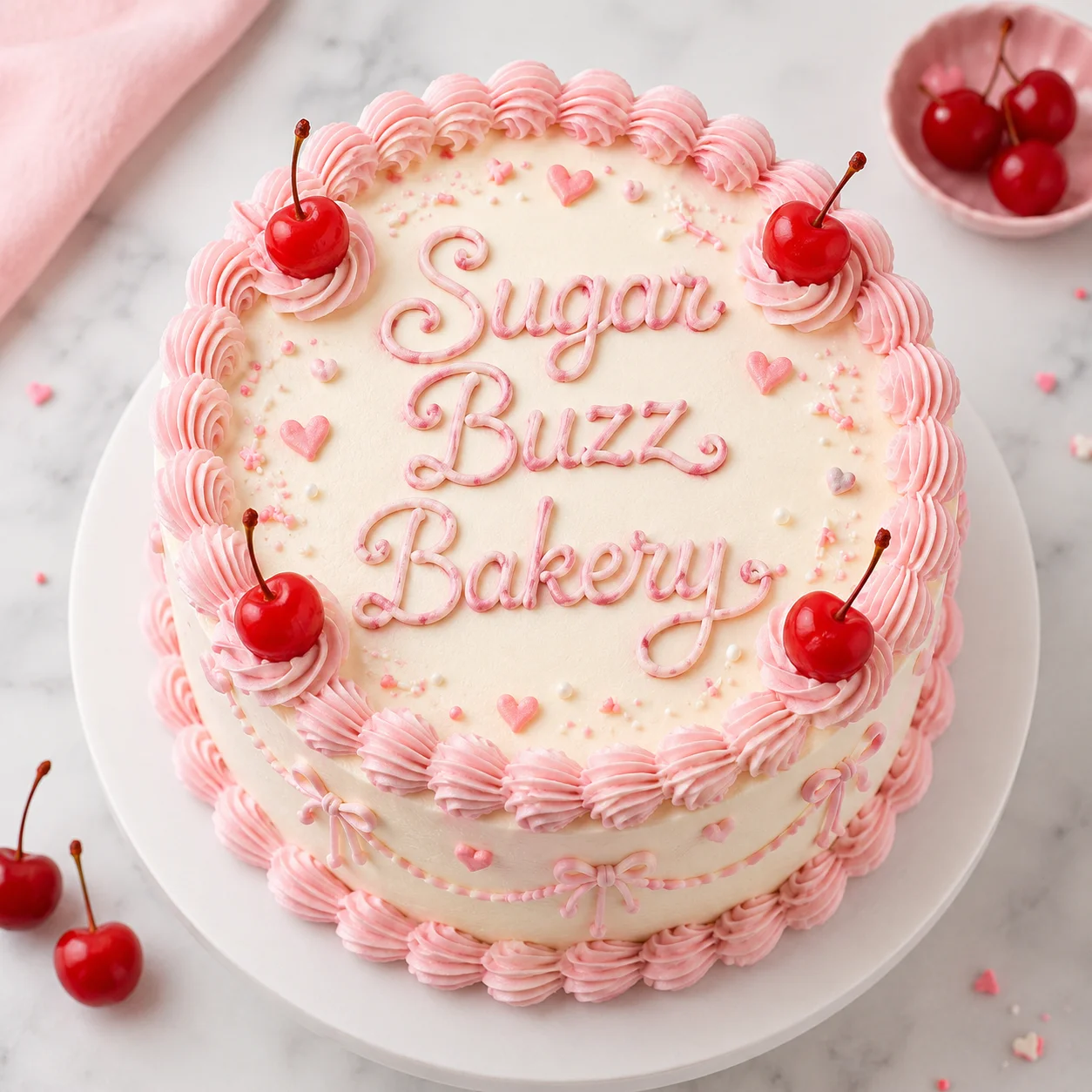 Decorative birthday cake from a bakery with pink frosting and cherries