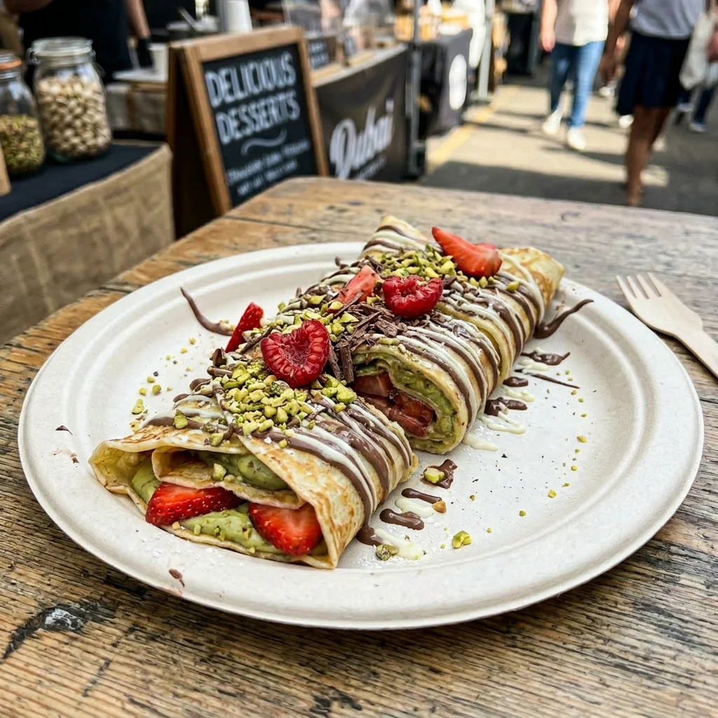 Delicious crepes with strawberries and chocolate drizzle