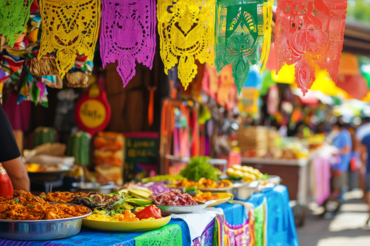 Colorful Mexican street food market with vibrant decorations