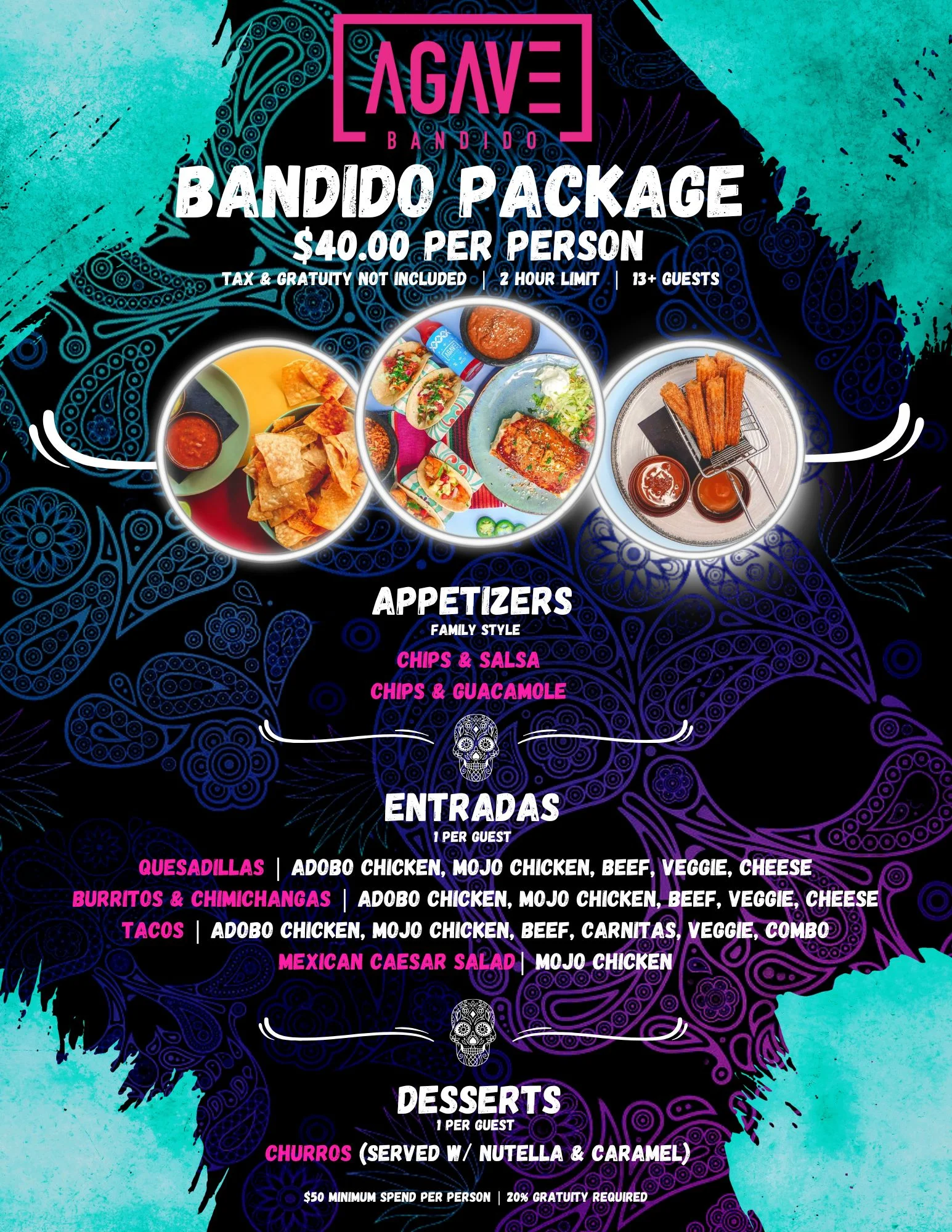 Mexican Bandido package with chips, tacos, and churros