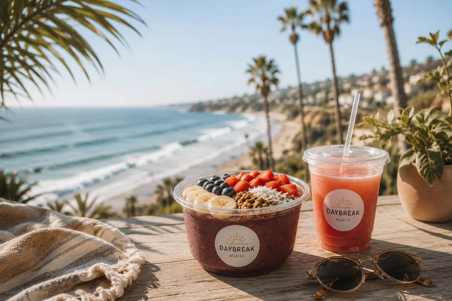 Açaí bowl with fruits and a drink overlooking the ocean.
