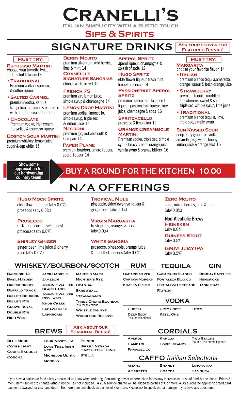 Cocktail menu featuring Italian drinks and signature cocktails