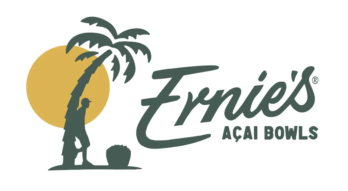 Logo of Ernie's Açaí Bowls featuring palm trees and a sunset