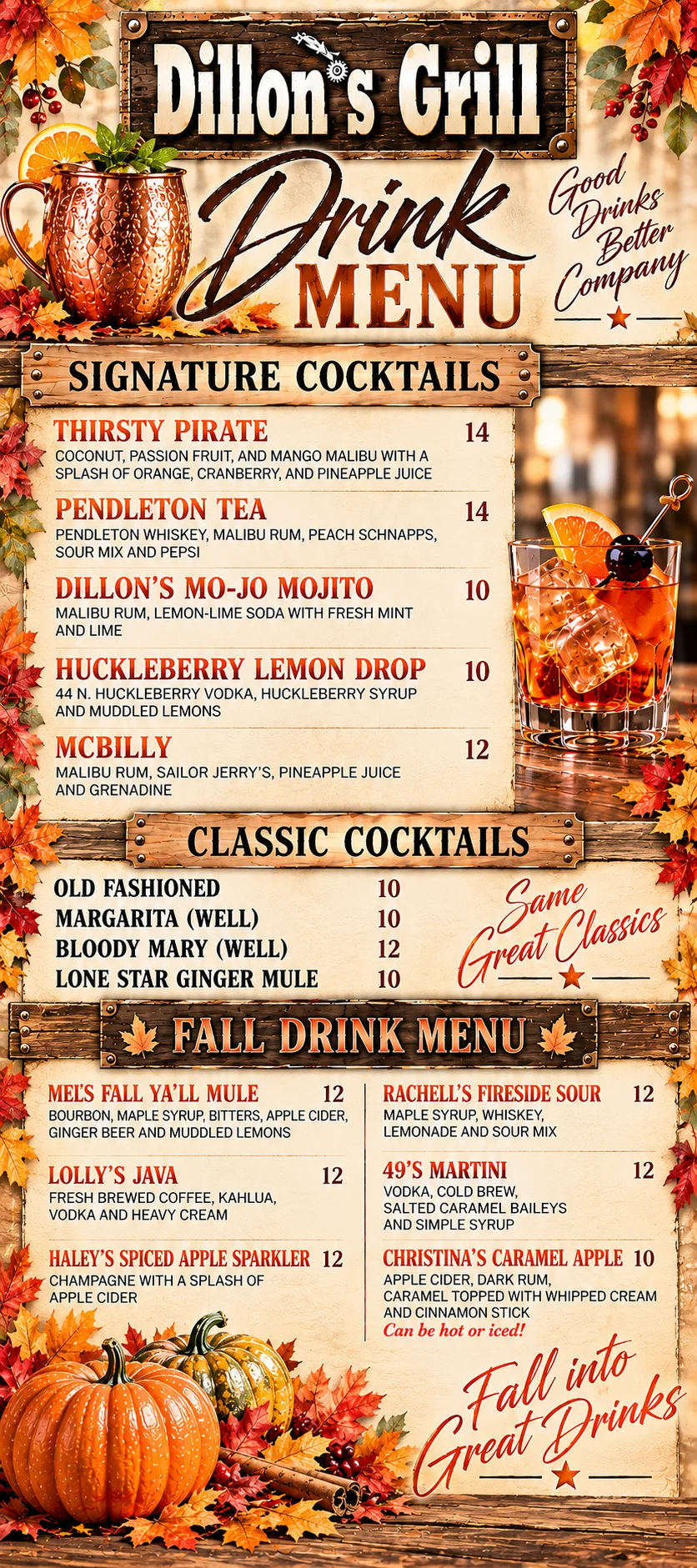 Autumn cocktail menu with copper mug and whiskey cocktail garnished with orange