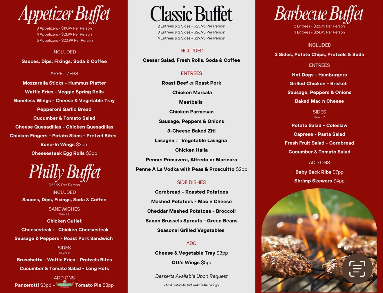 Buffet menu featuring diverse global cuisines and options