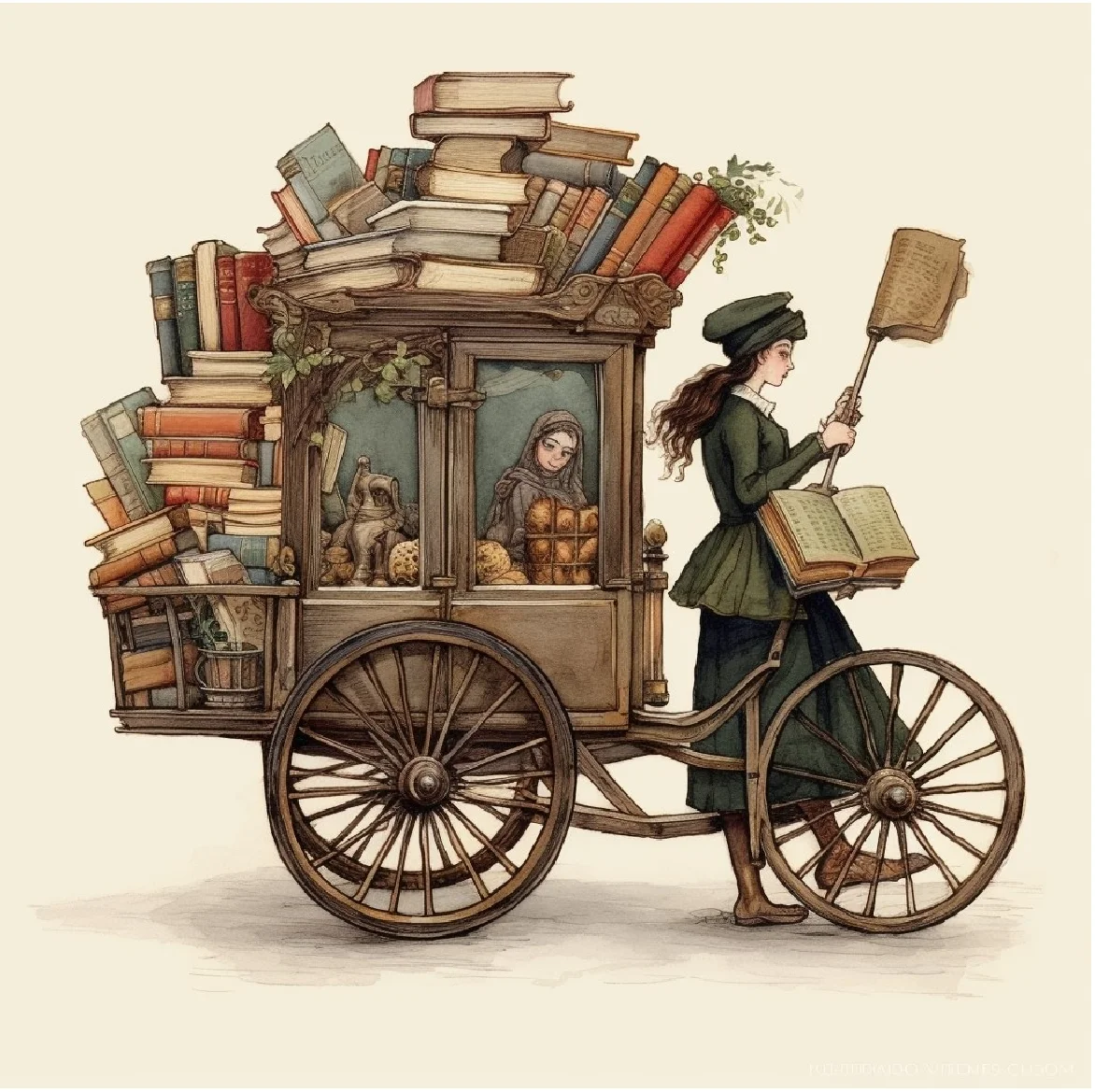 An artistic illustration of a book cart filled with books and a woman holding an open book. The design promotes a bookstore with a joyful message.