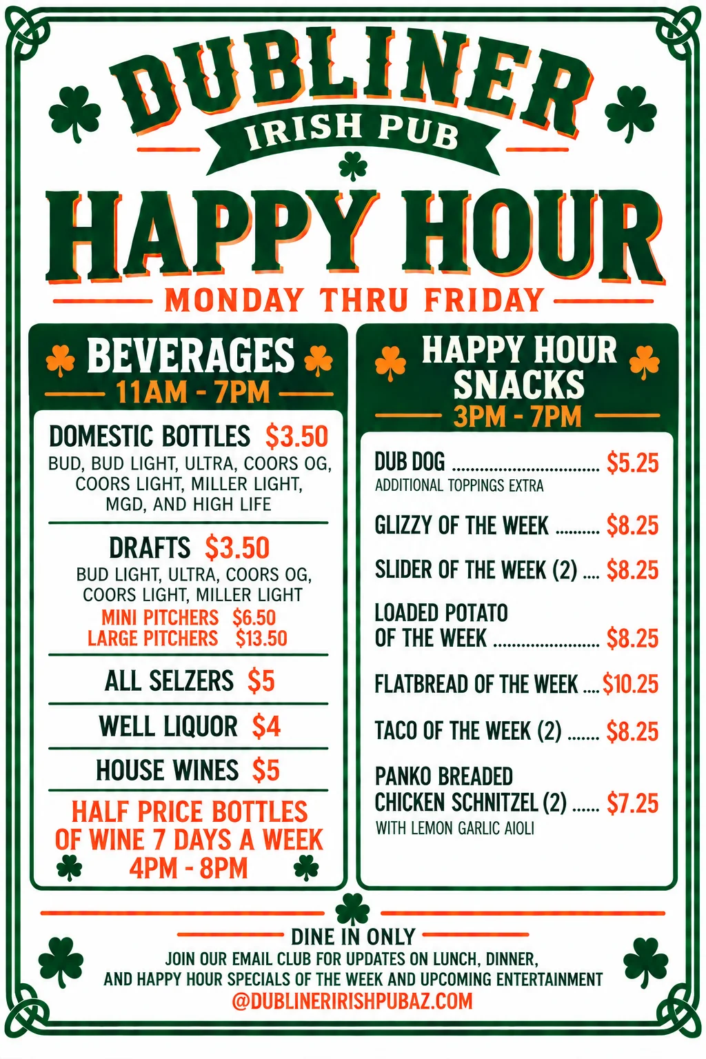 Irish pub happy hour menu with drink and snack specials