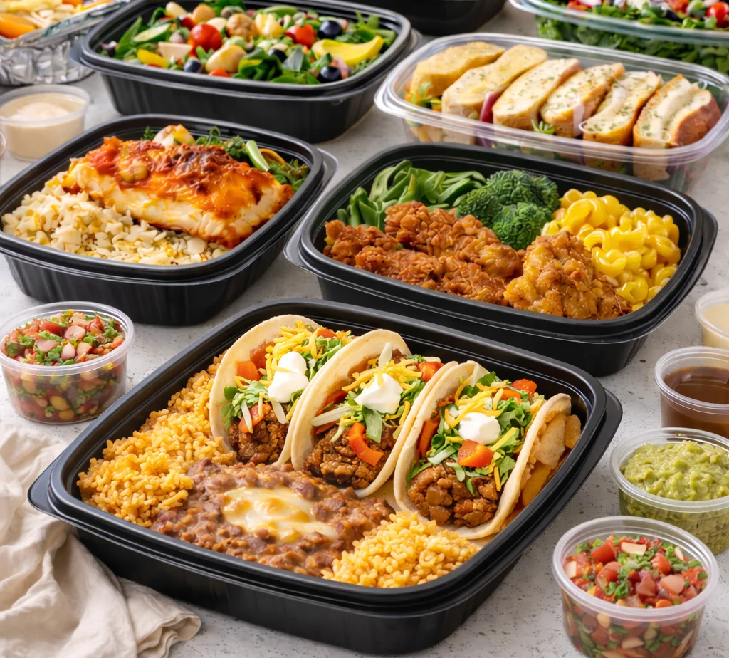 Colorful Mexican taco platter with rice and beans