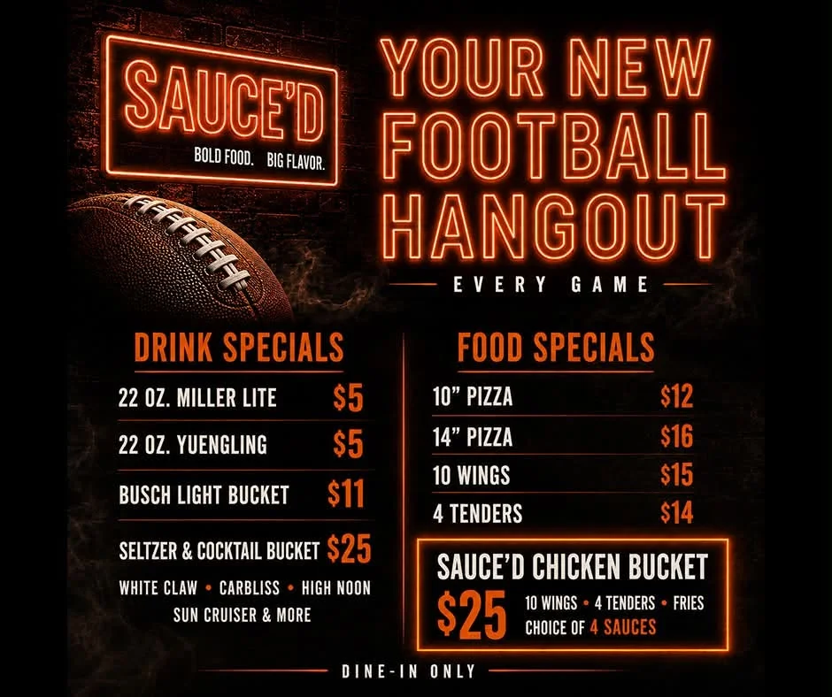 Football-themed restaurant menu with drink and food specials for game day