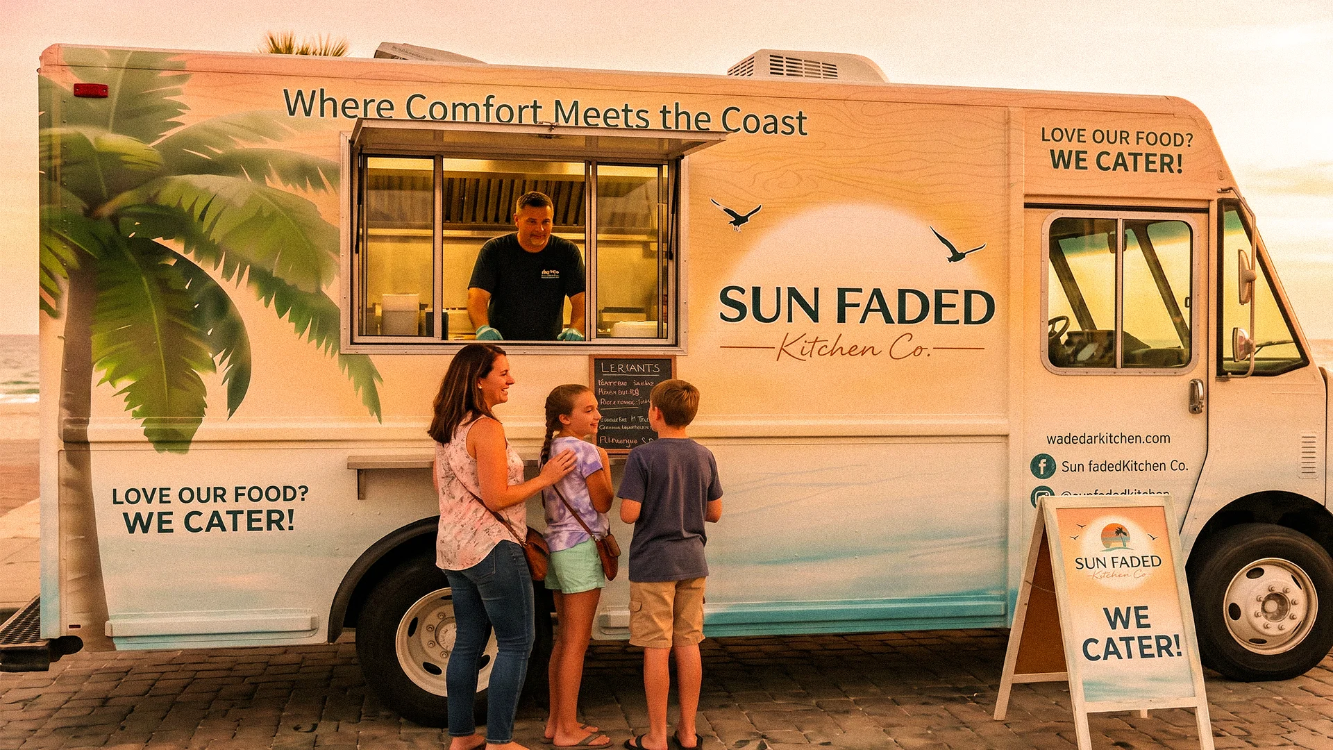 Food truck serving coastal comfort food by the beach