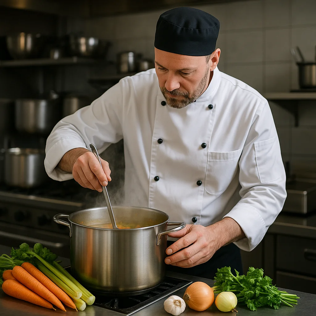 Chef stirring a pot of hearty vegetable soup in a professional kitchen