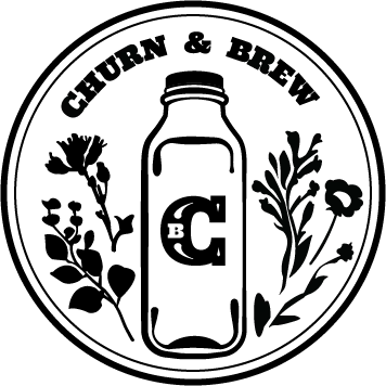 Logo design for Churn & Brew featuring a vintage milk bottle and floral elements