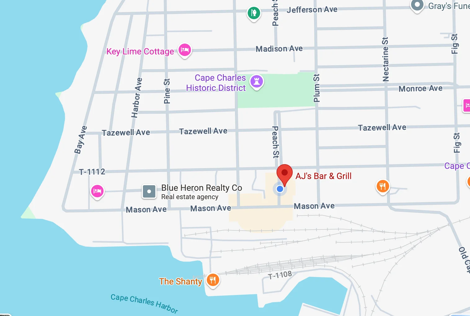 Map showing location of AJ's Bar & Grill in Cape Charles