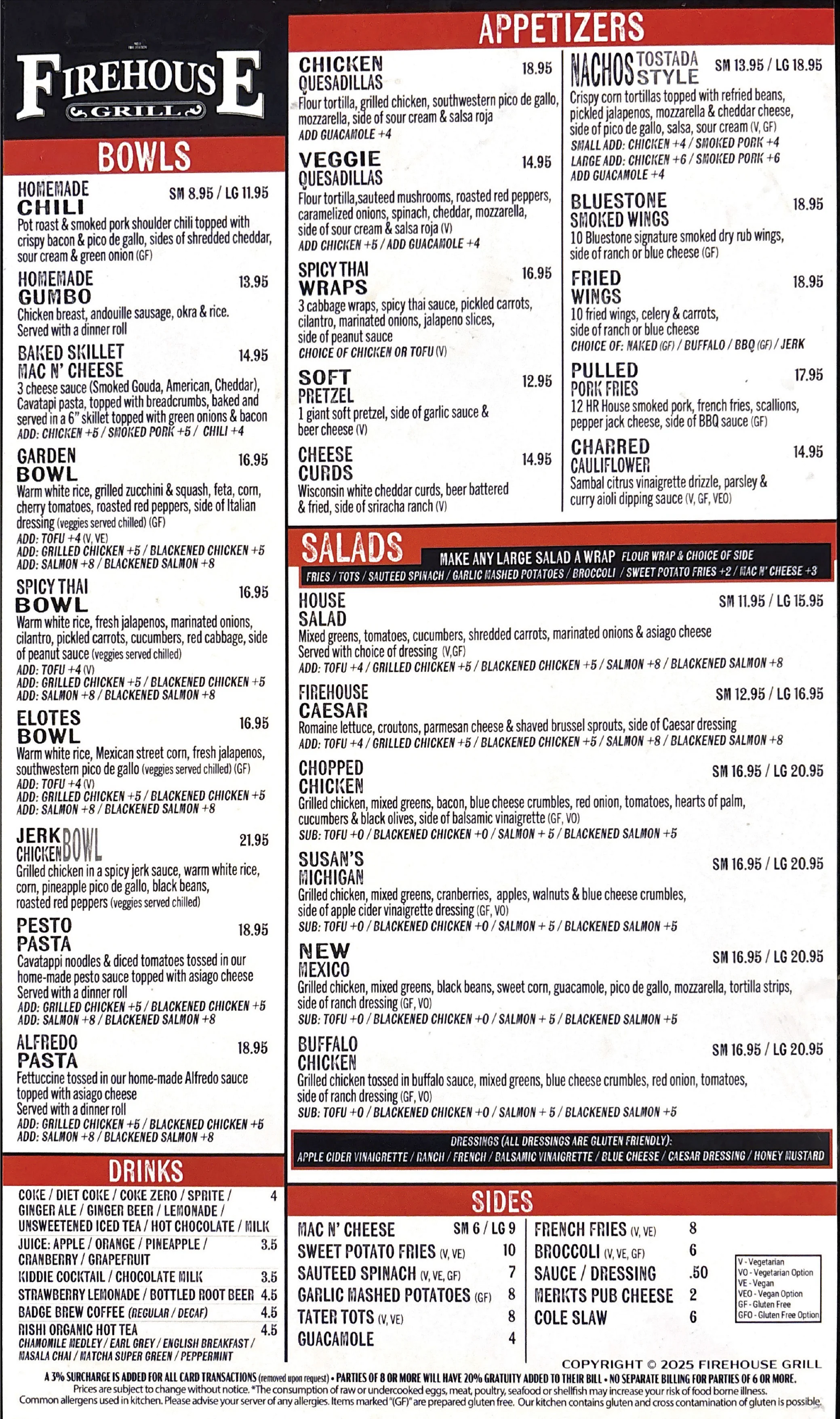 Diverse menu of American grill dishes at Firehouse Grill