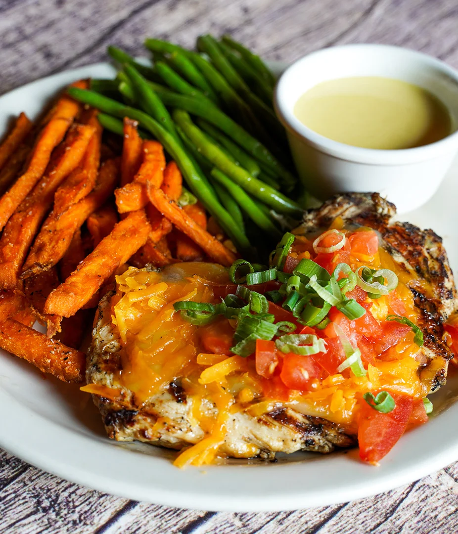Grilled chicken with cheese and sweet potato fries