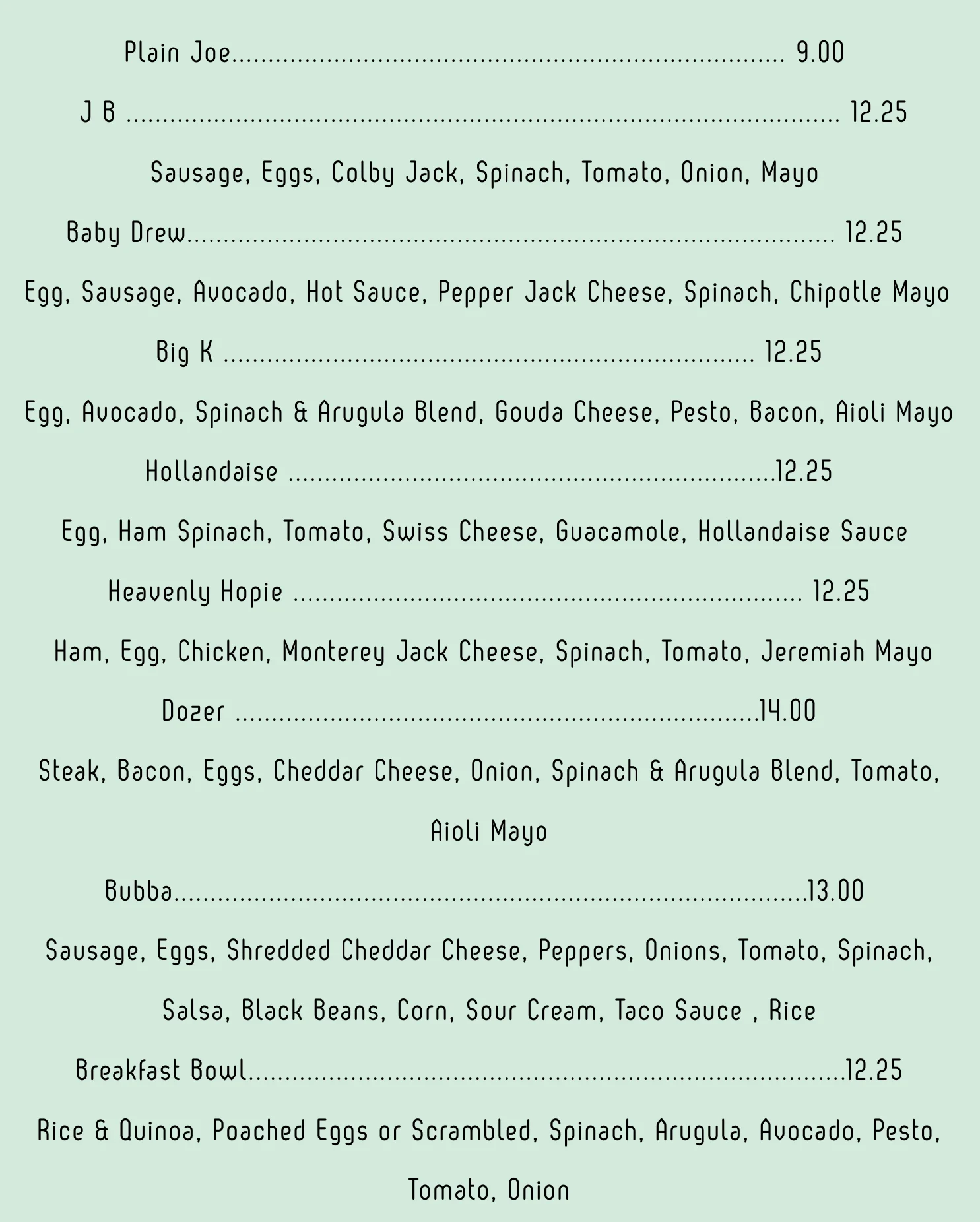 Coffee and espresso drink menu with prices