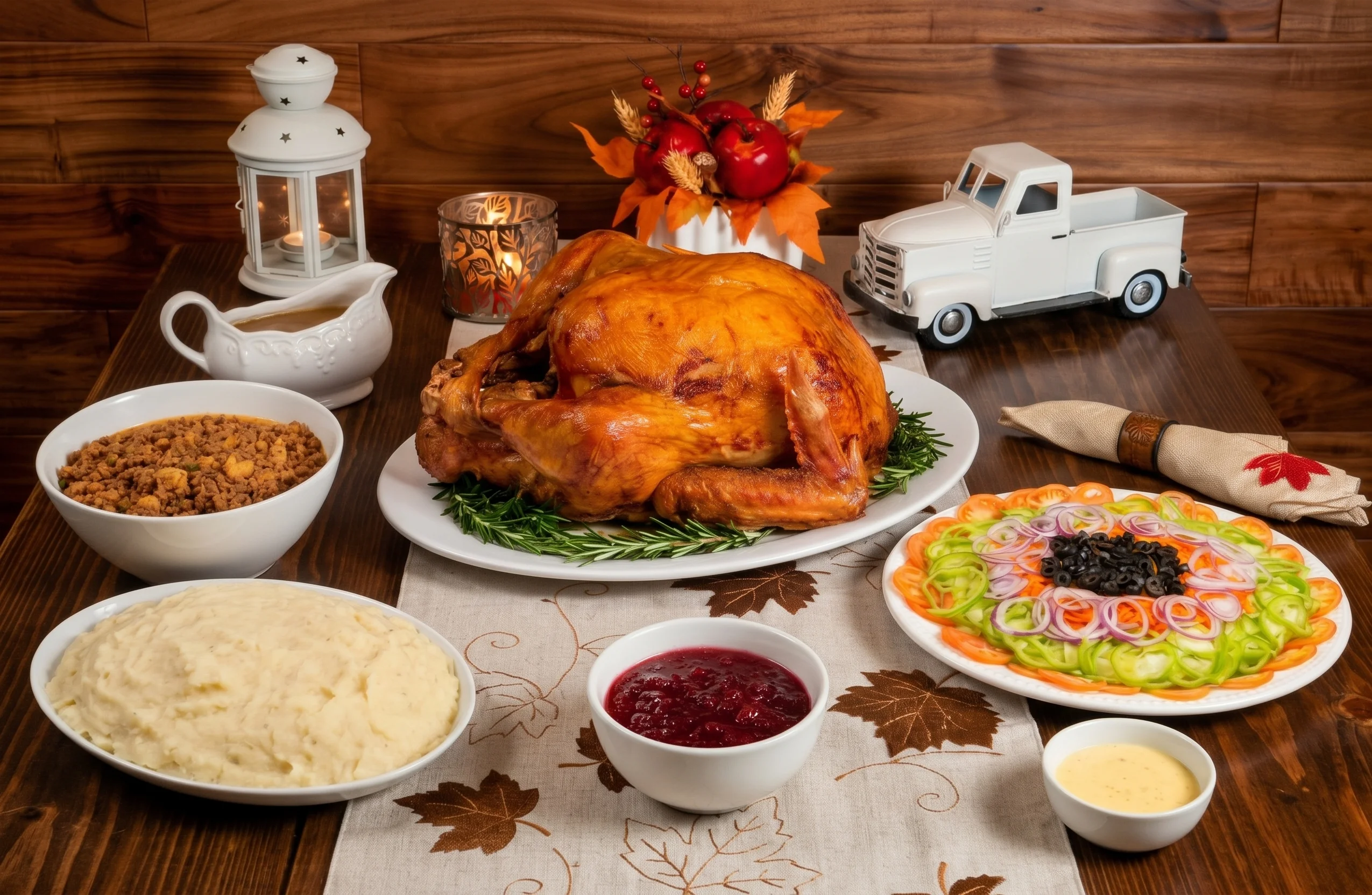 Traditional American Thanksgiving dinner with roasted turkey and classic sides