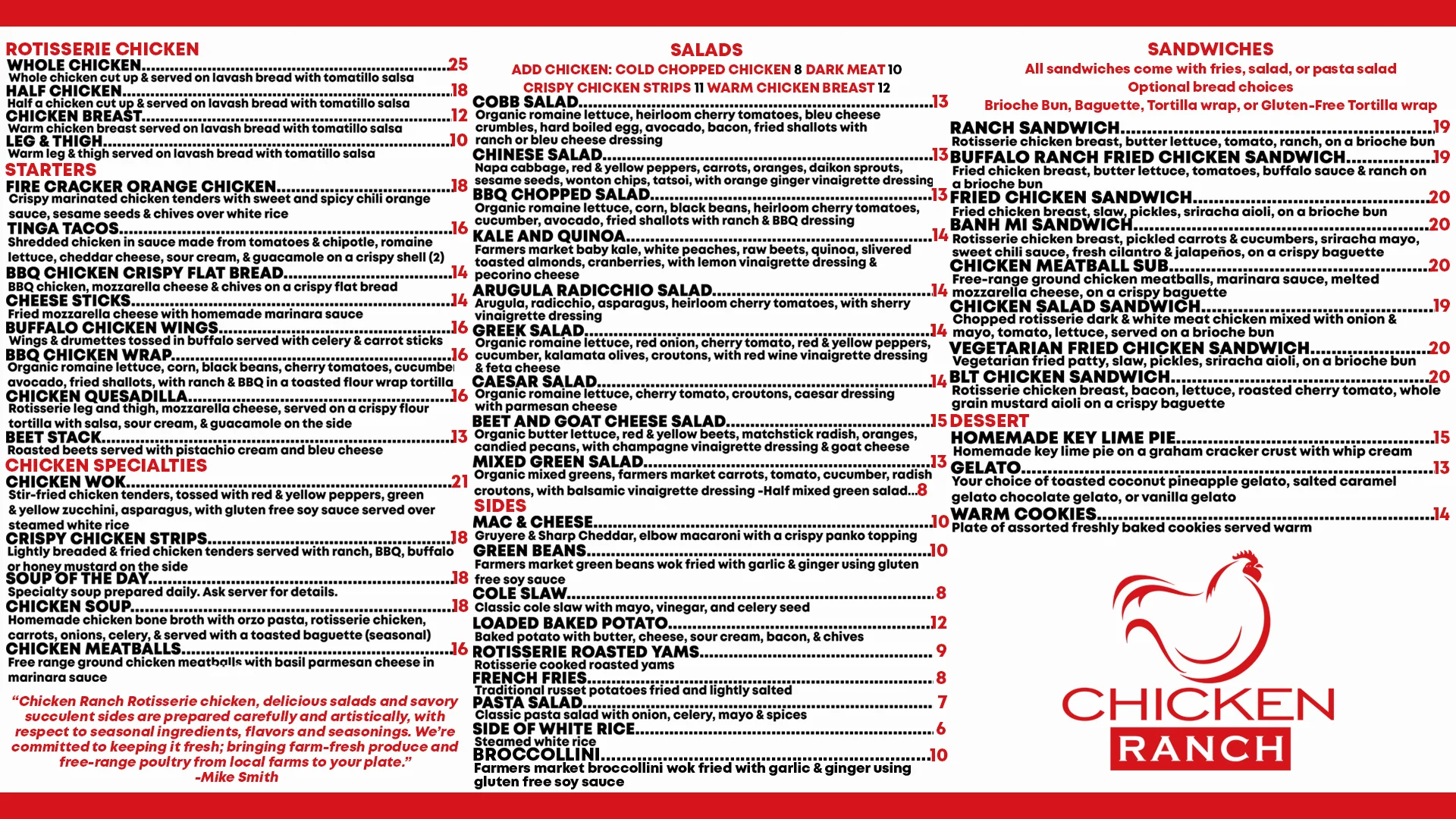 Menu of a rotisserie chicken restaurant featuring various dishes