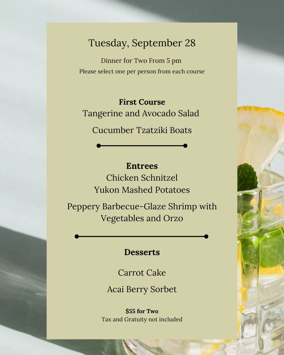 Elegant dinner menu for two featuring Mediterranean dishes and desserts