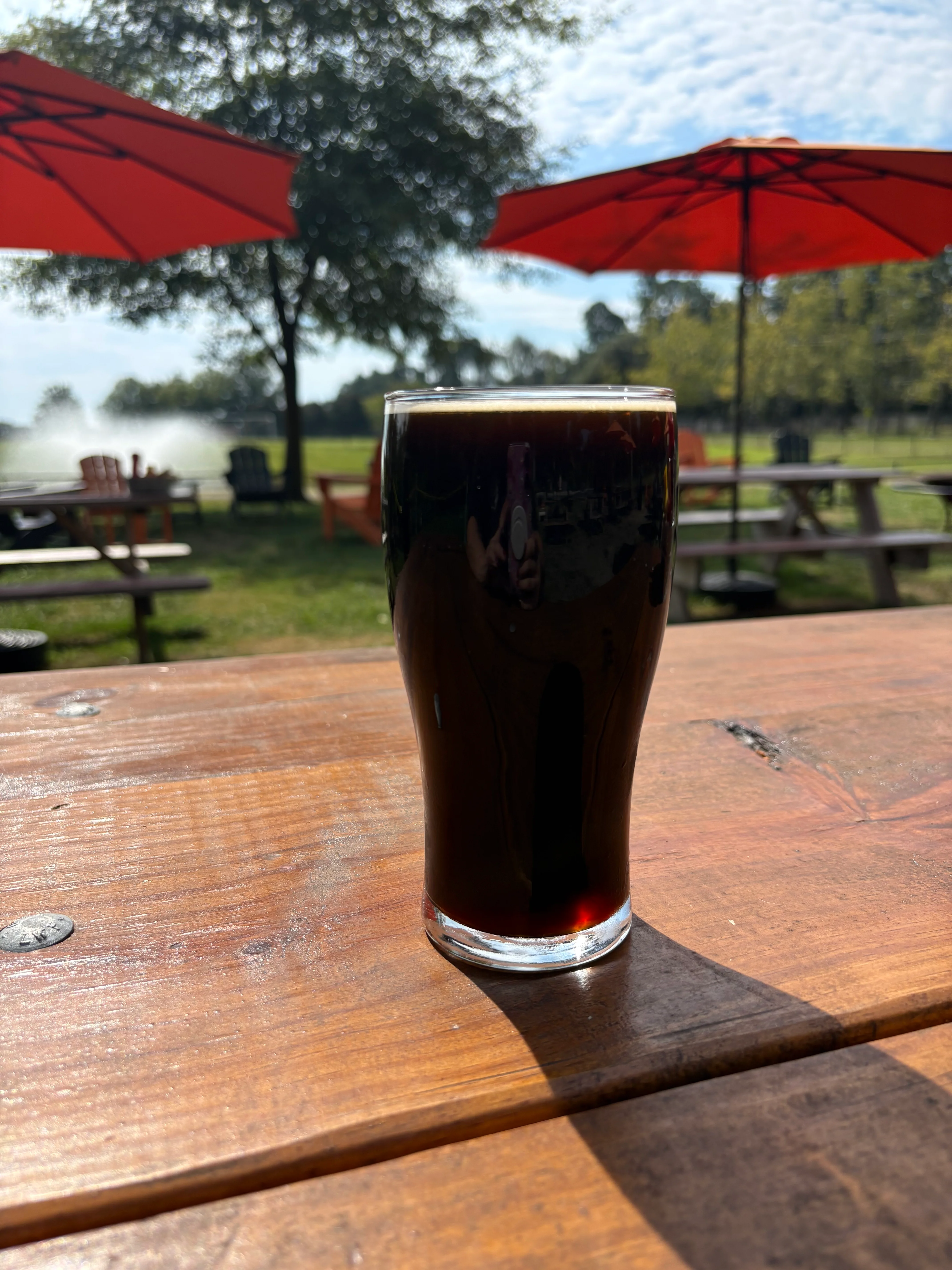 Glass of dark beer on a wooden table in a sunny outdoor setting