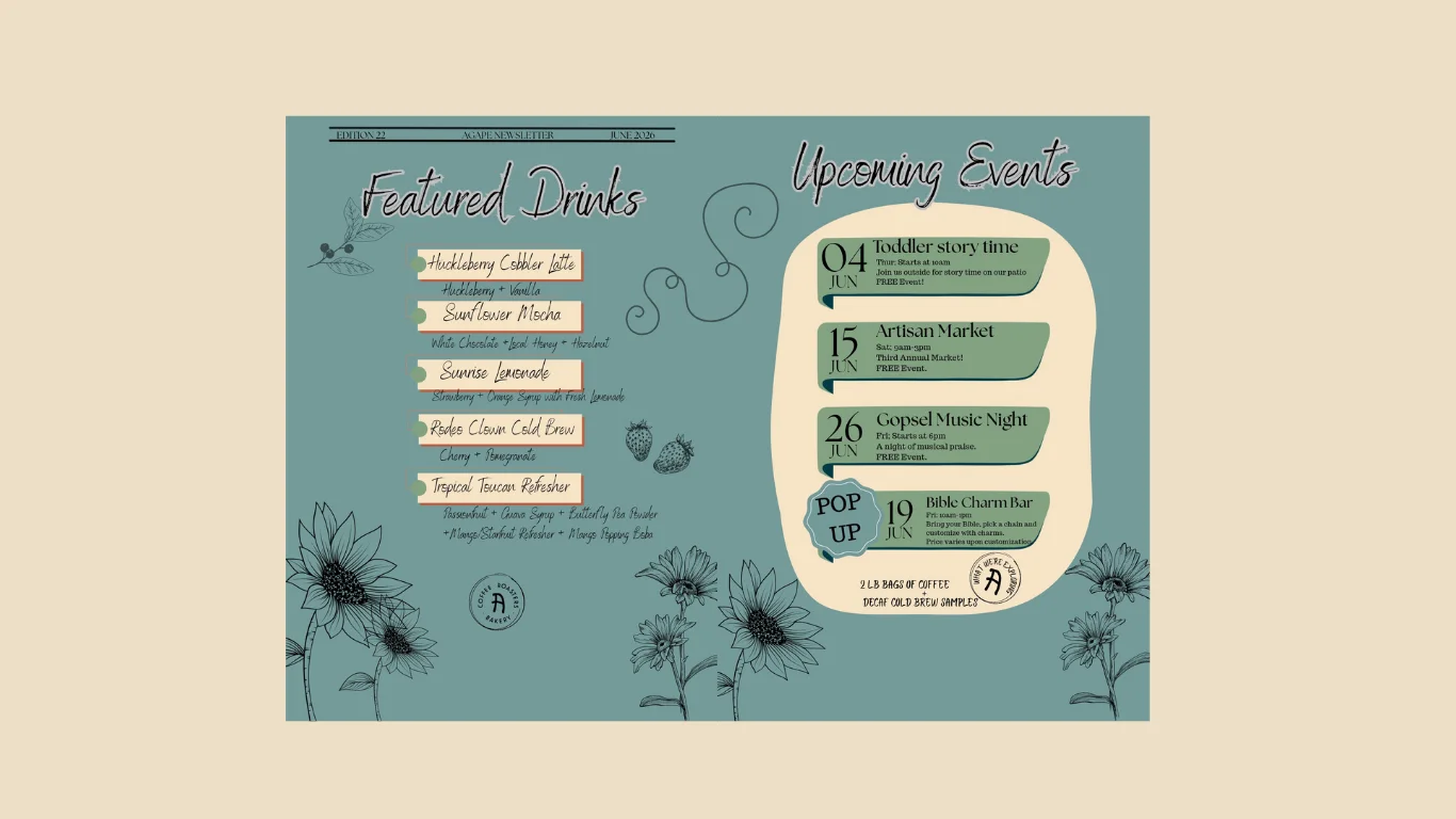 Newsletter featuring drinks and upcoming events at a local café
