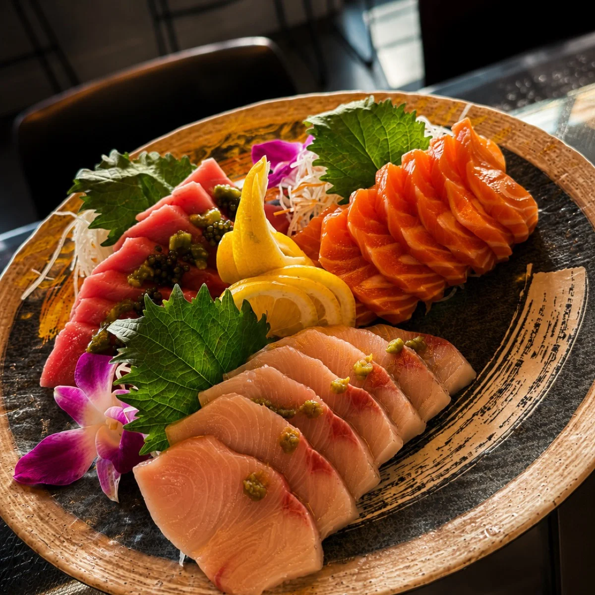 A coastal sashimi plate at Malibu Sushi — tuna, salmon and yellowtail