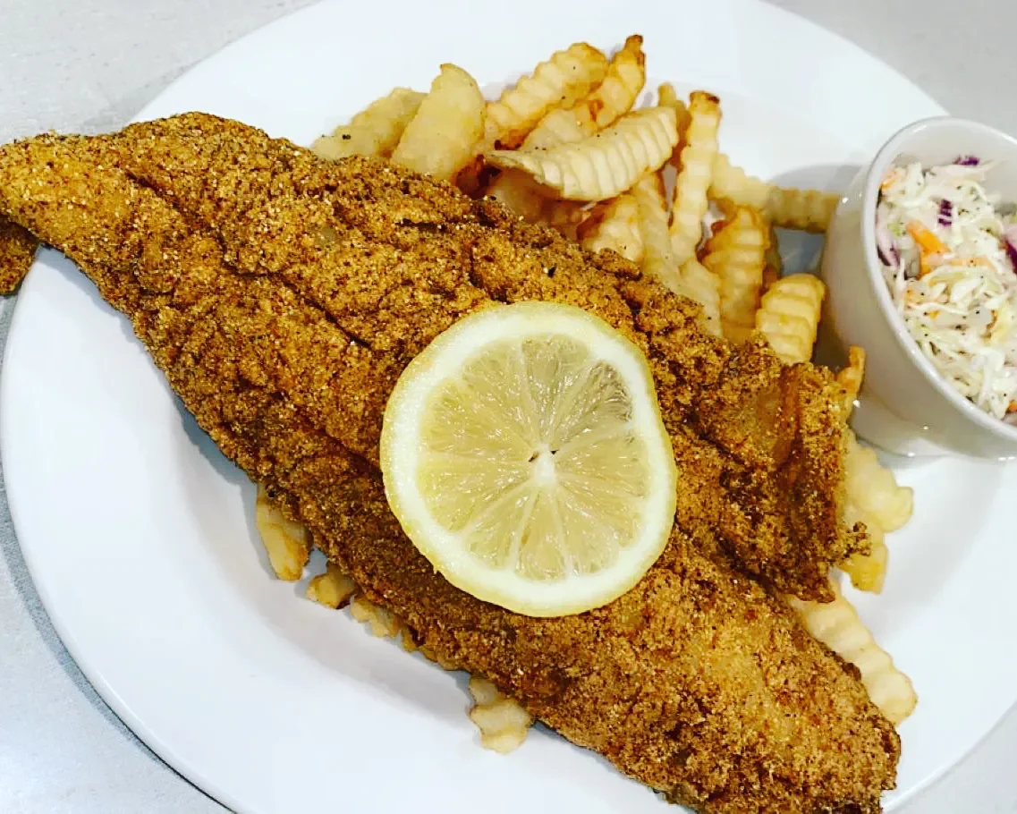 Southern fried catfish with crinkle fries and coleslaw