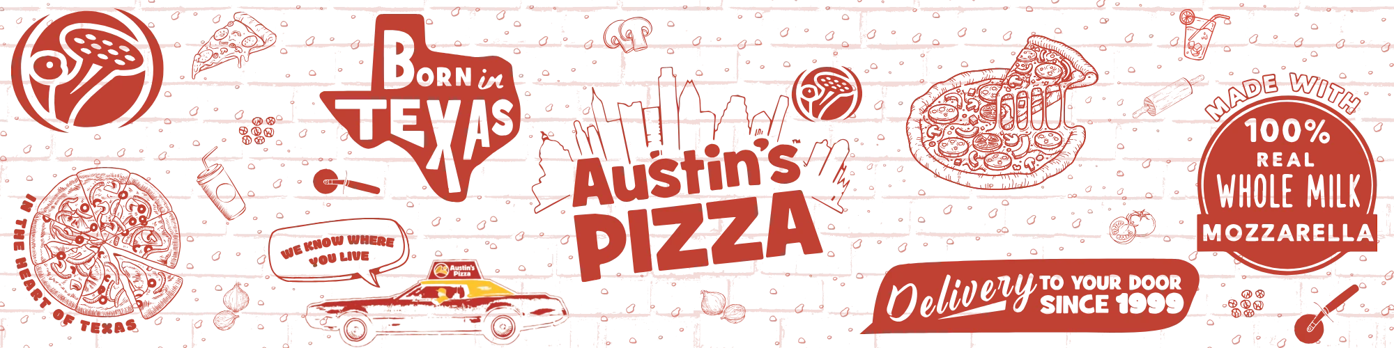 Austin's Pizza logo with vintage car and Texas theme