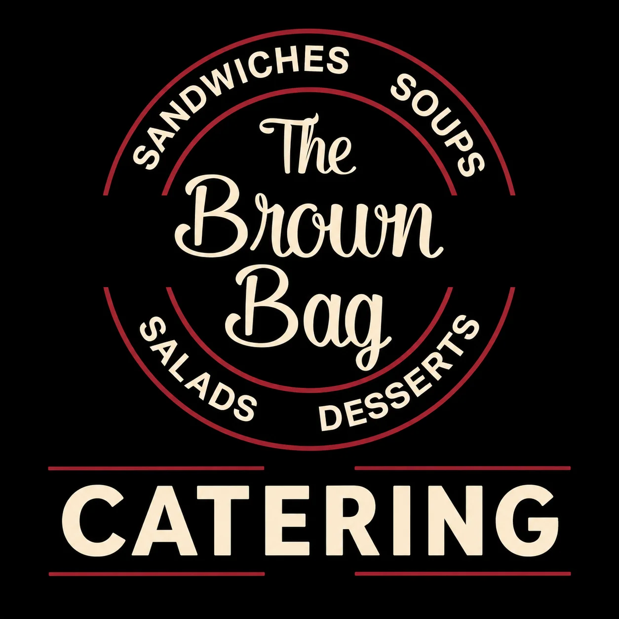 Logo of The Brown Bag catering service featuring sandwiches, soups, salads, and desserts