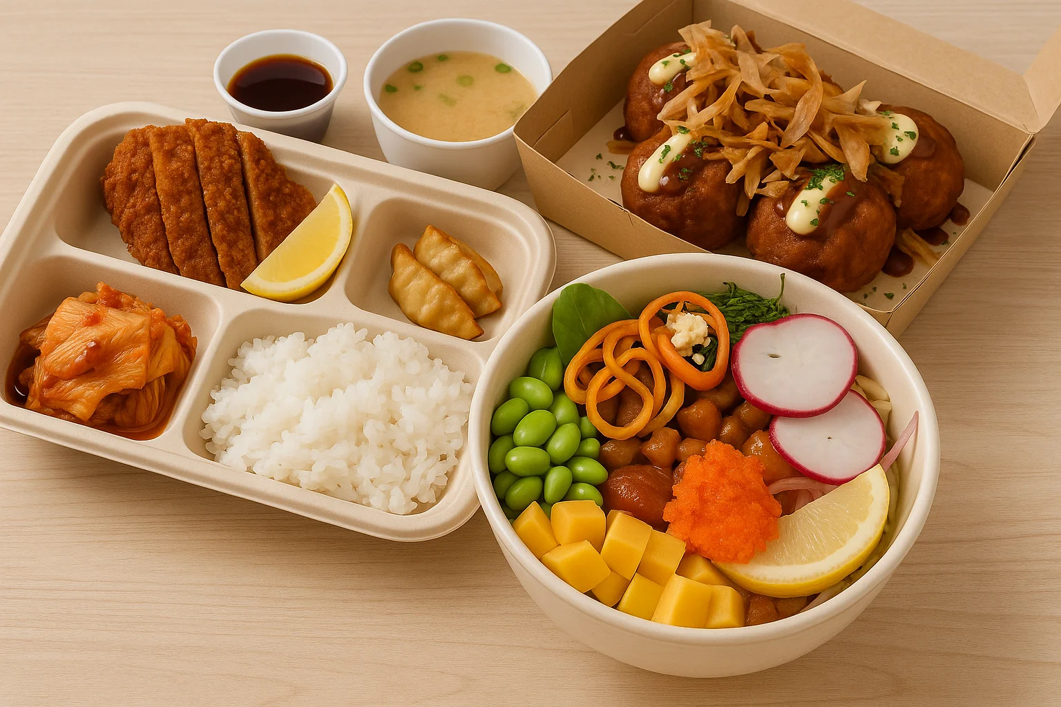 Japanese katsu curry with rice and assorted sides