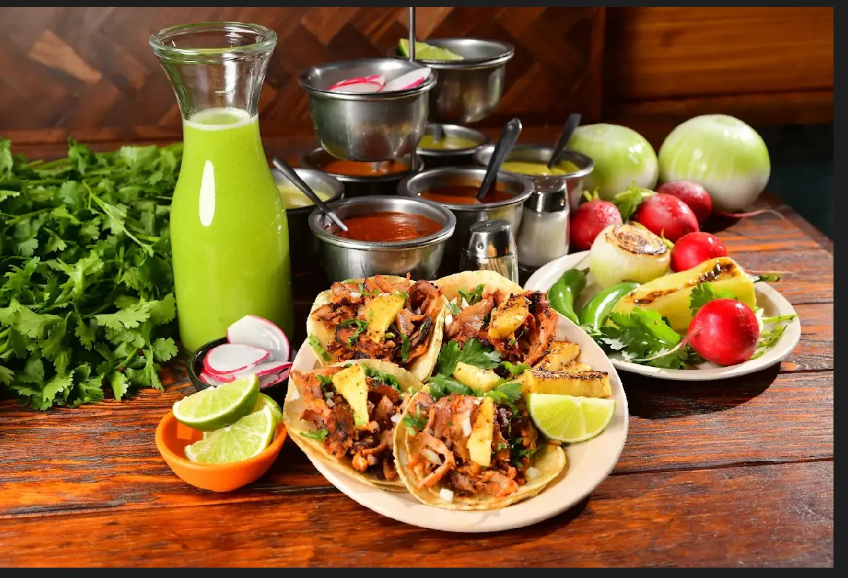 Delicious Mexican tacos al pastor with fresh toppings