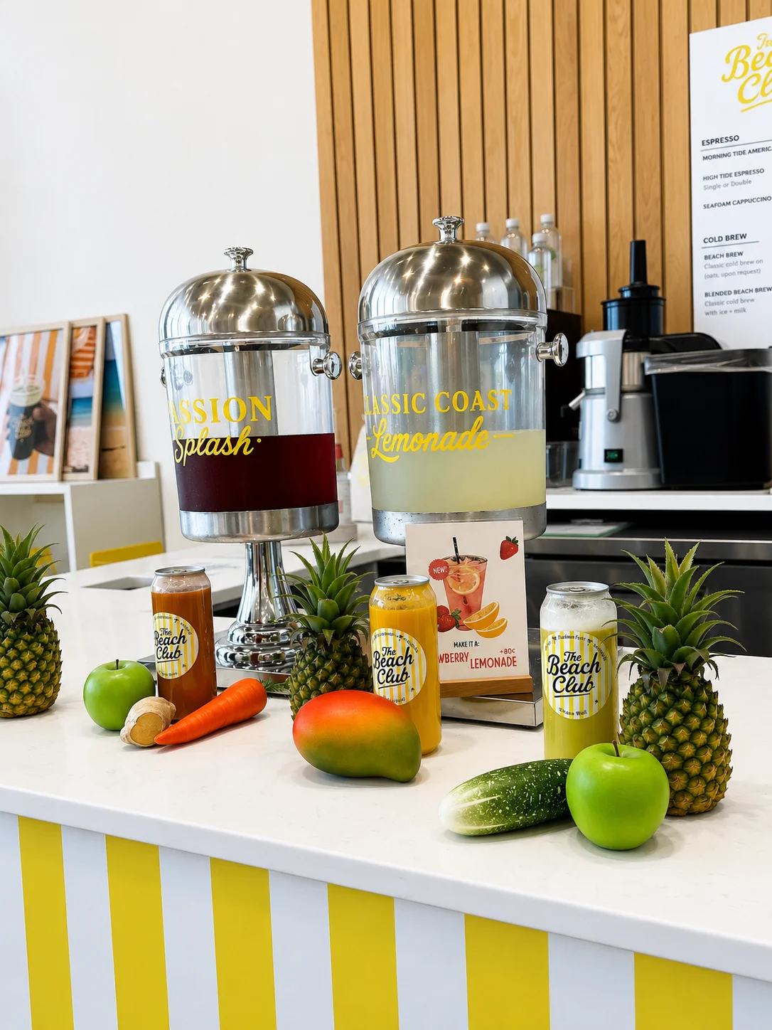 A vibrant beverage display featuring drink dispensers, assorted fresh fruits, and colorful juice cans on a countertop.