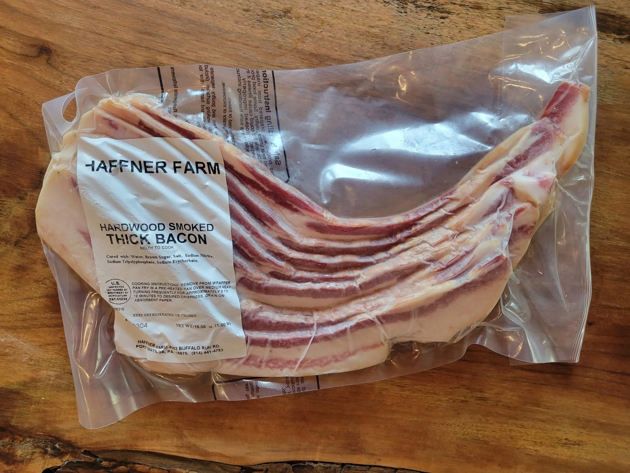 Thick hardwood smoked bacon from Haffner Farm