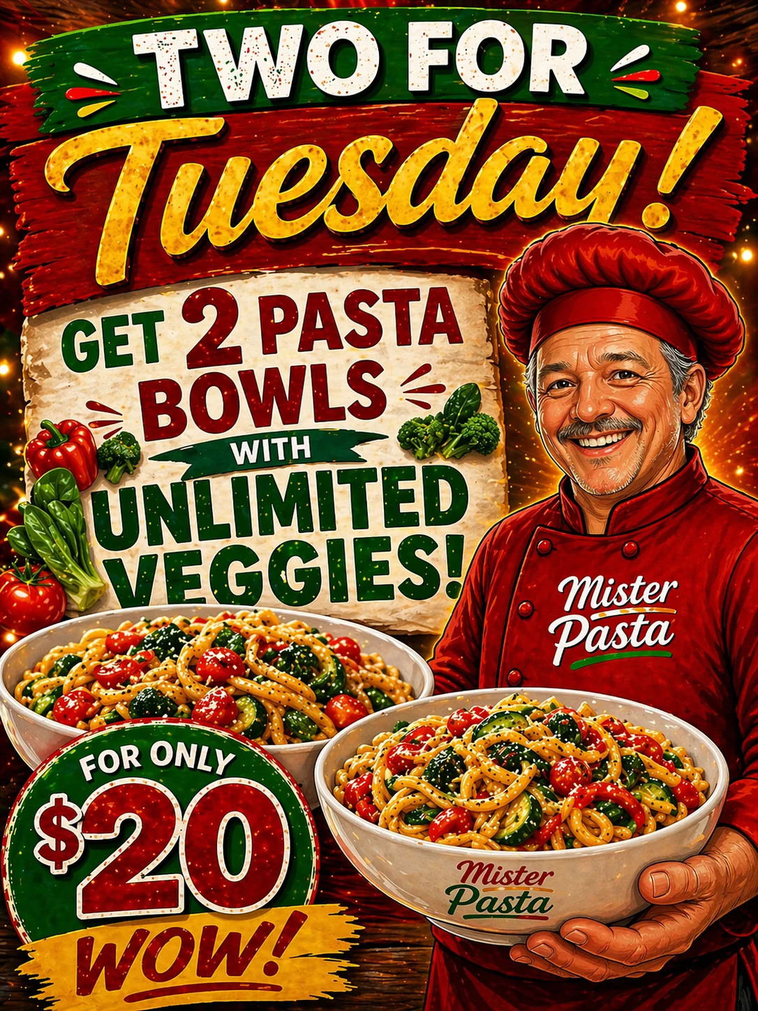 Promotional poster for Mister Pasta's Two for Tuesday pasta bowls deal.