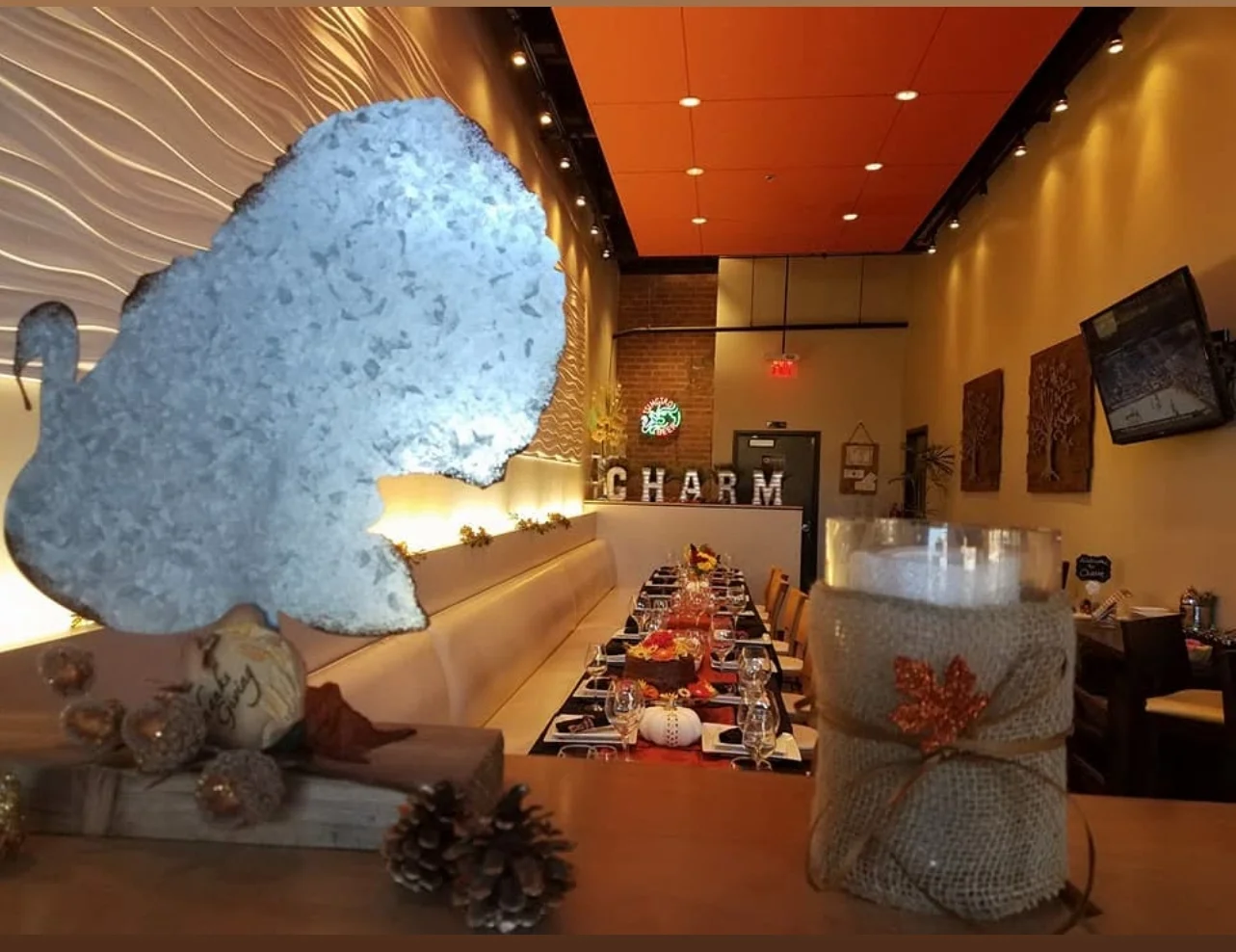 Charming restaurant interior with festive decor and warm lighting