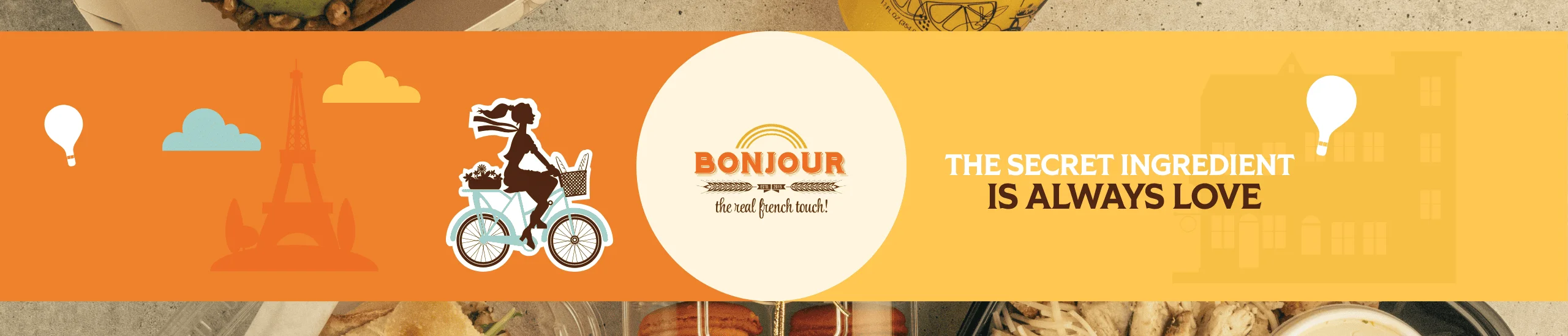 Delicious food items from Bonjour restaurant, featuring desserts and salads.