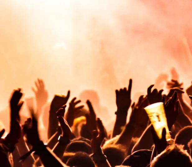 Crowd enjoying a live concert with raised hands and vibrant lights