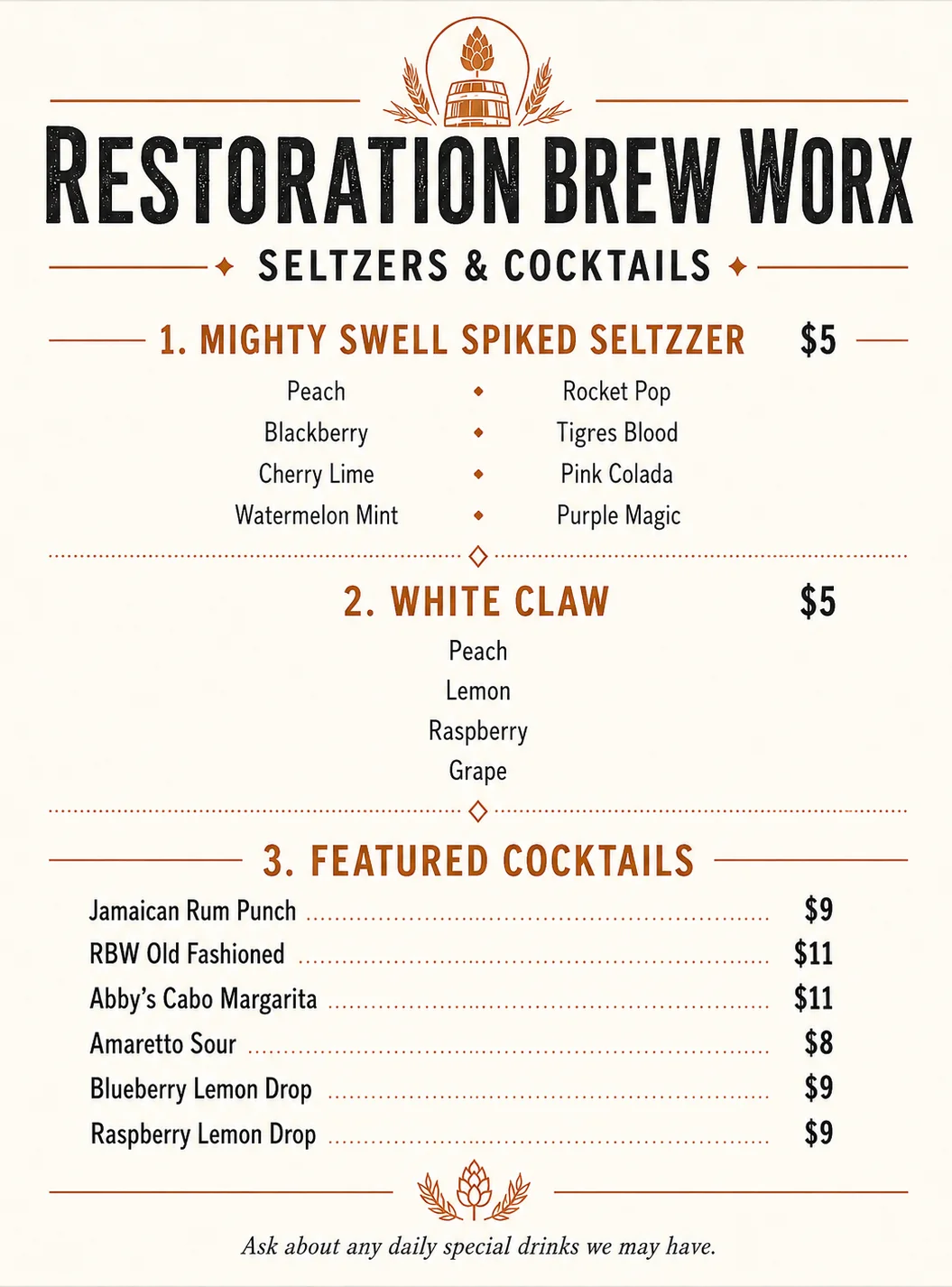 Drink menu featuring cocktails and seltzers at a brewpub