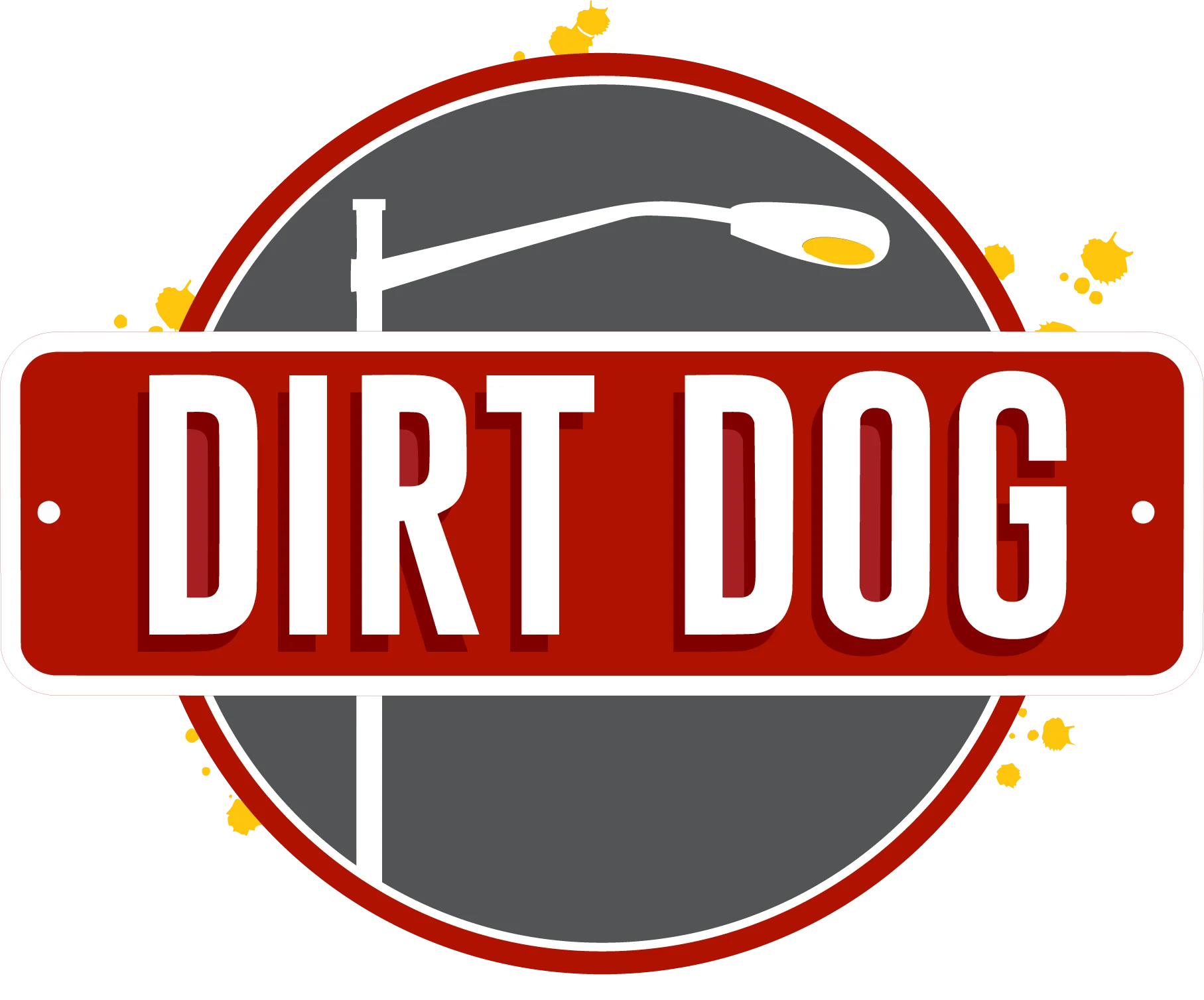 A circular logo featuring 'DIRT DOG' within a red rectangular sign and a streetlight illustration, set against a gray background.