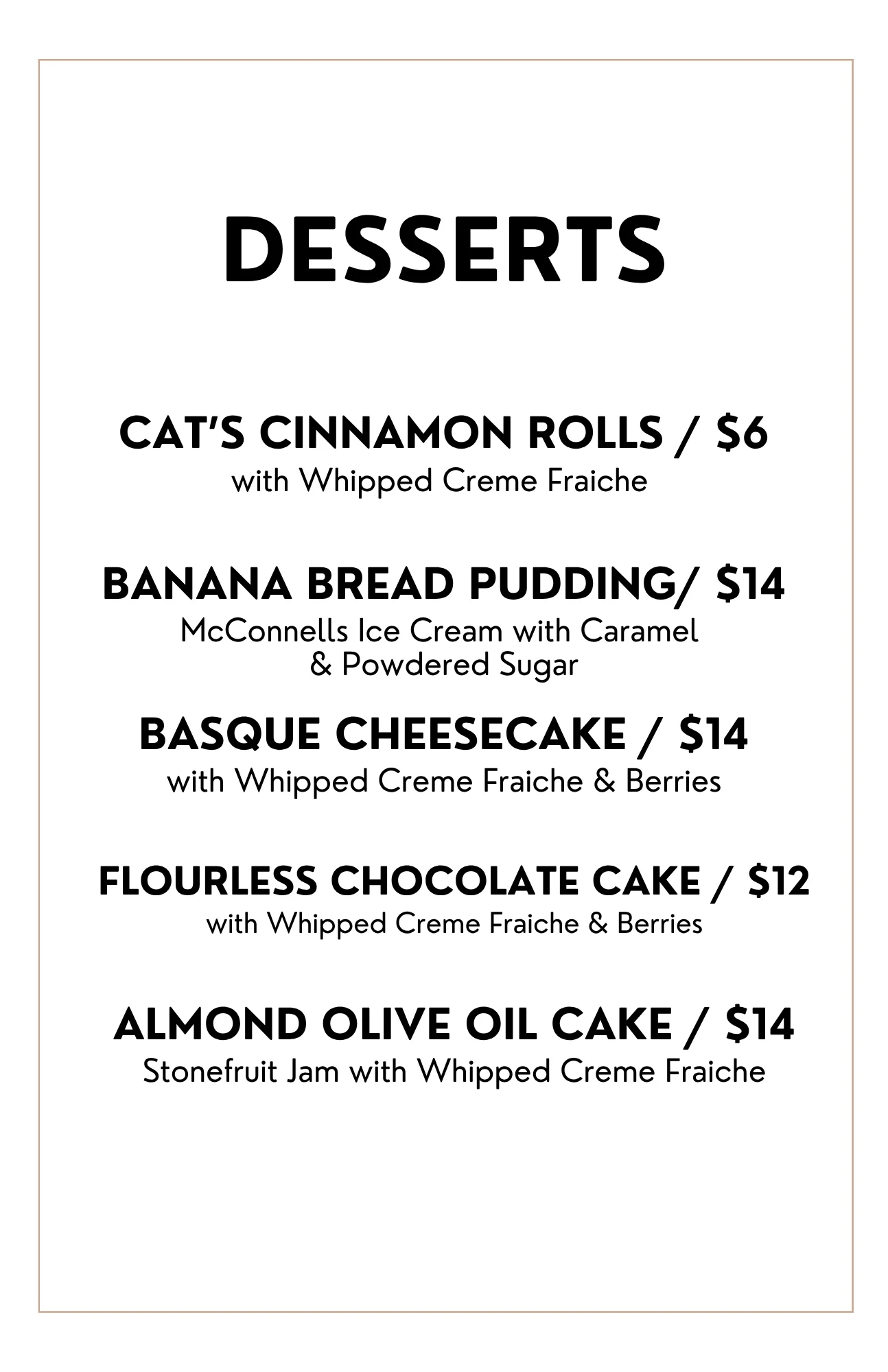 Dessert menu featuring various cakes and puddings