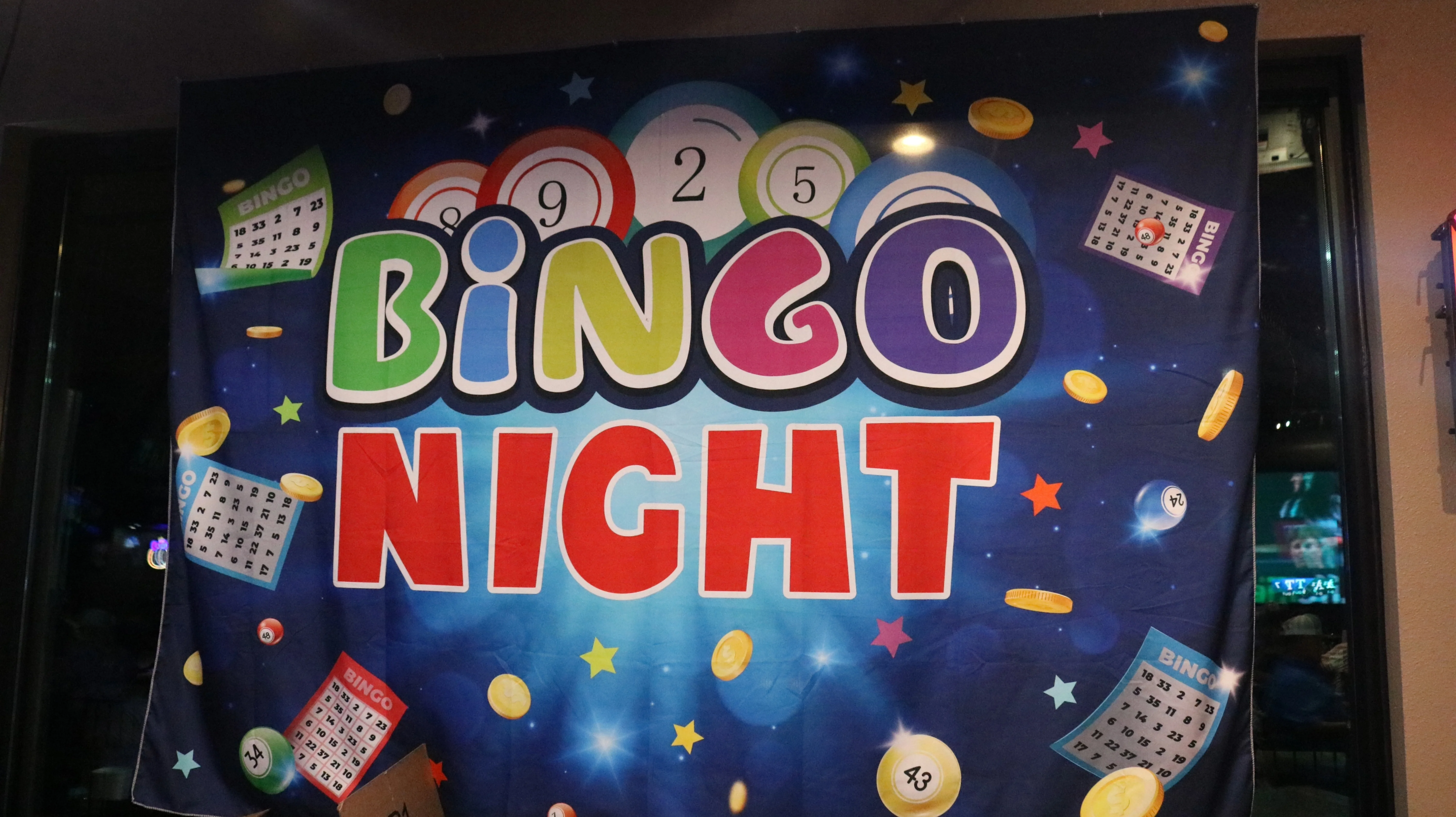 Colorful Bingo Night banner with game cards and tokens