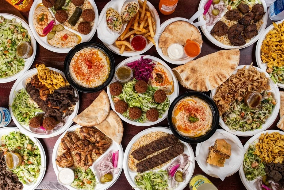 Assorted Mediterranean platters with falafel and hummus