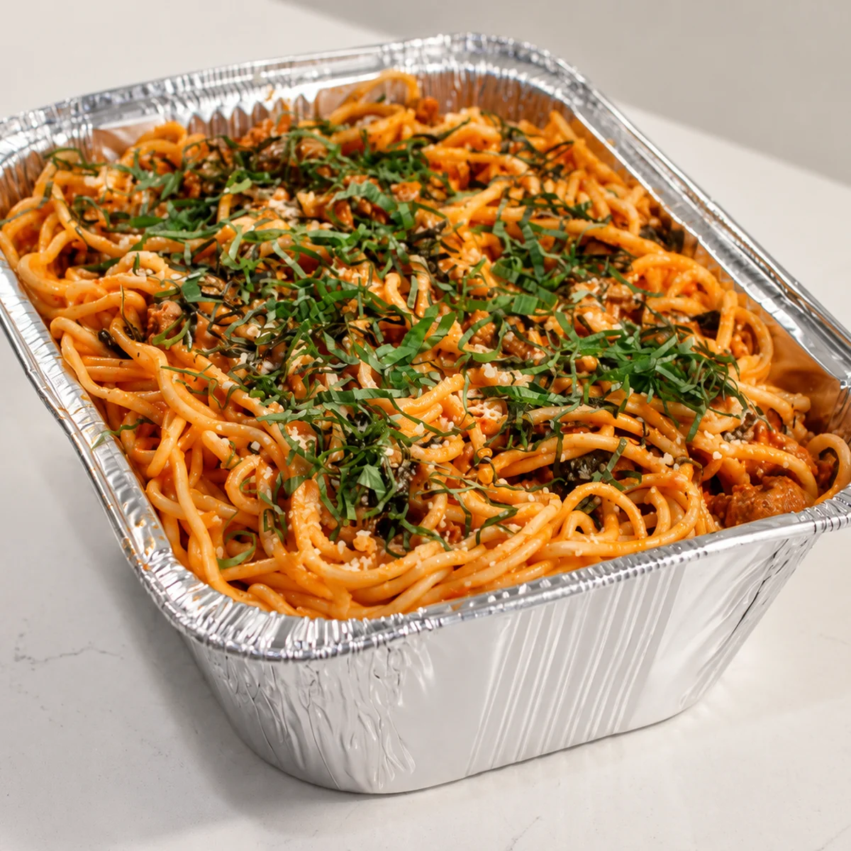 Spaghetti and marinara catering tray