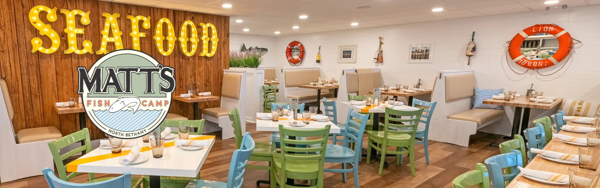 Bright and inviting seafood restaurant interior with colorful decor