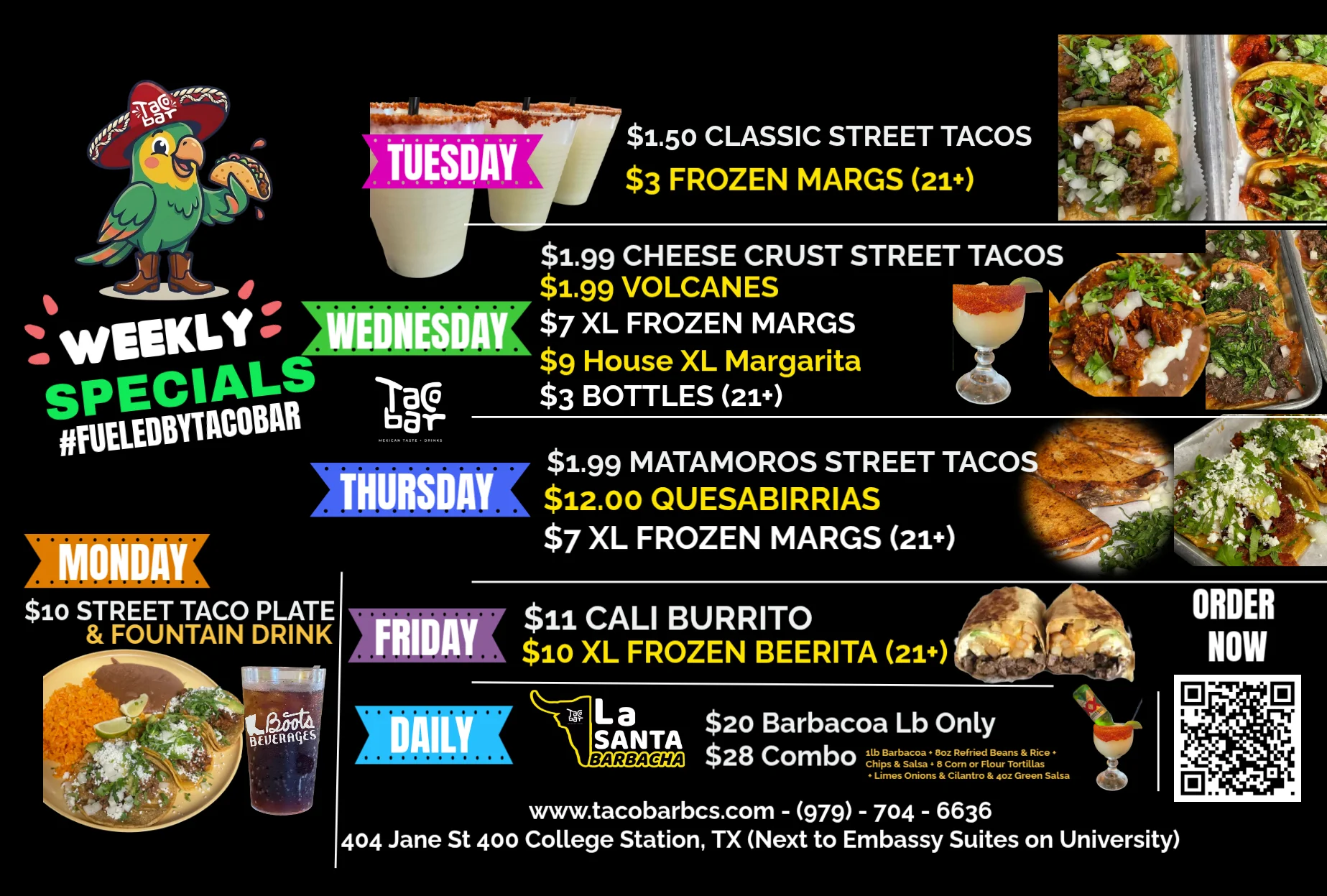 Fútbol season specials at a vibrant taco bar with colorful decor