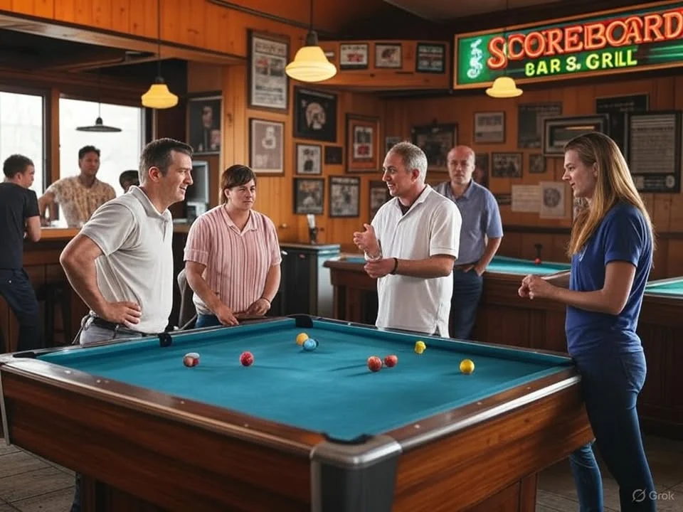 Group of friends enjoying a game of pool at a bar and grill
