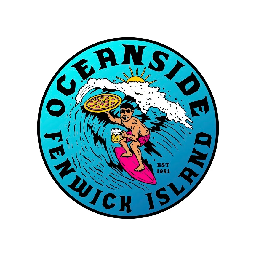 Colorful logo featuring surfing and pizza on Fenwick Island