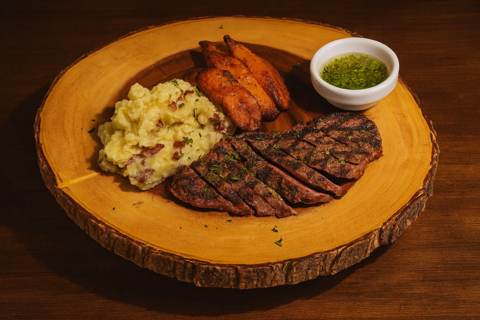 Grilled steak with mashed potatoes and plantains
